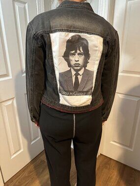 Rolling Stones Mick Jagger Upcycled Black Jean Jacket Red Trim